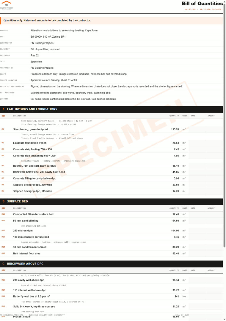 Specimen page of an FN Building Projects bill of quantities, showing measured items with the rate and amount columns left blank