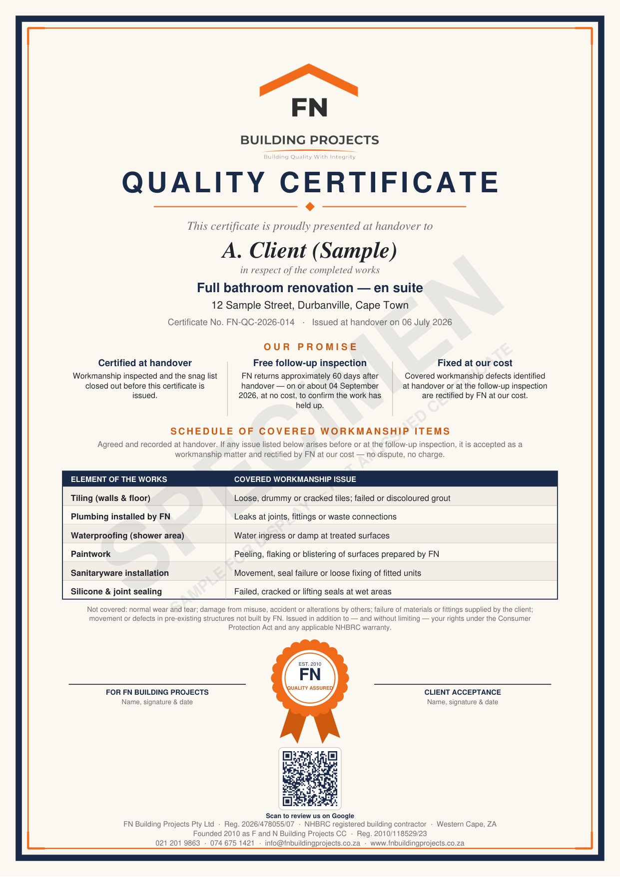 The signed FN Building Projects quality certificate, tap to view full size