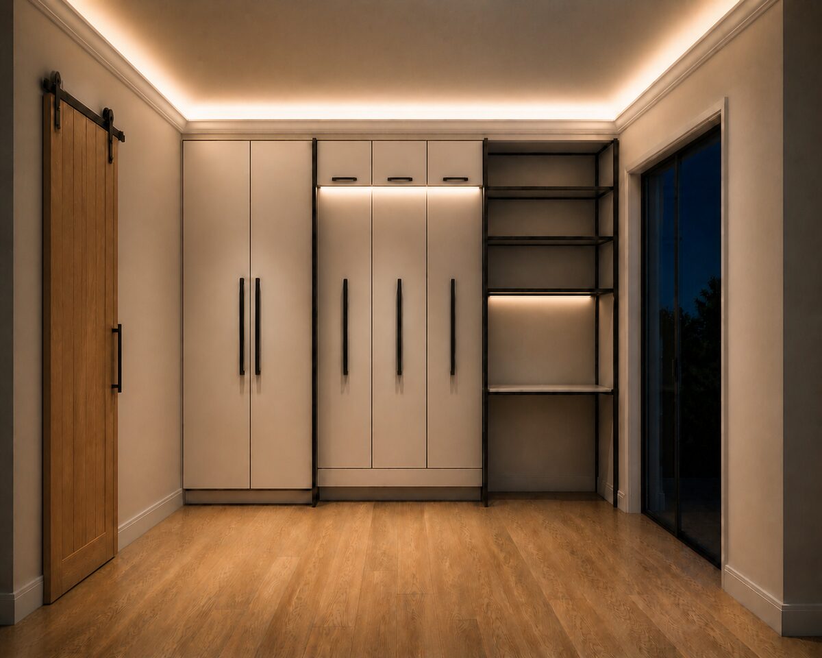 The same concept at night with the bed folded away behind cabinetry
