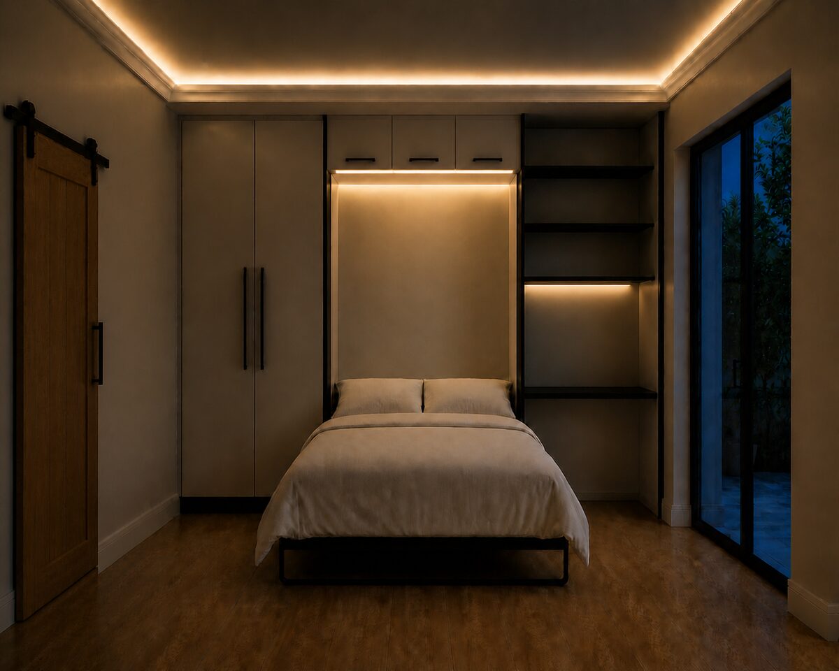 Finished concept render of the fold-away bed room at night with the bed open and LED cove lighting on