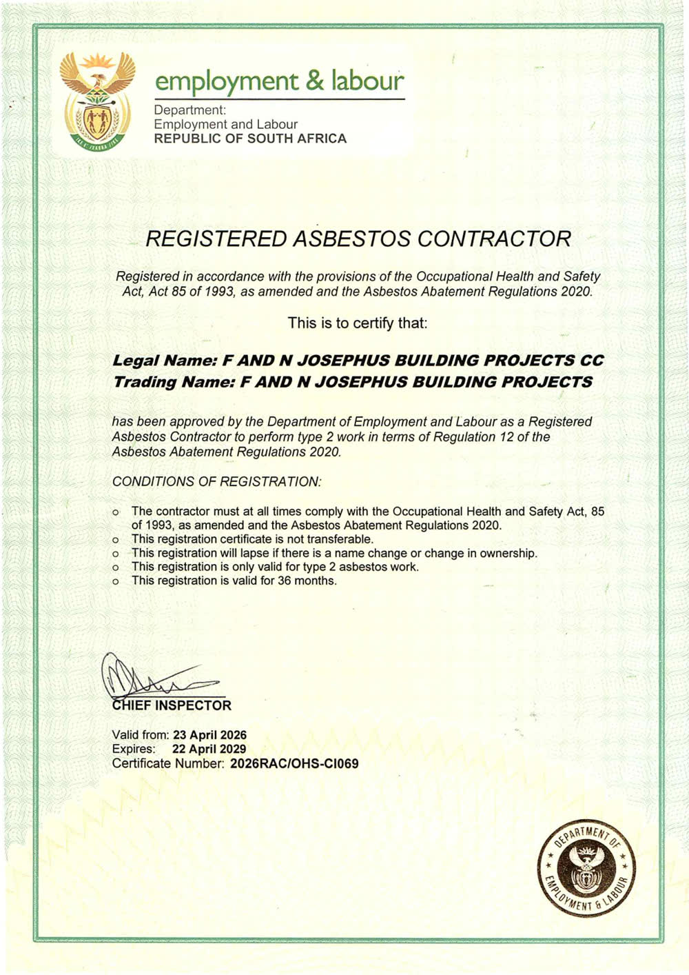 Registered Asbestos Contractor certificate 2026RAC/OHS-CI069, Department of Employment and Labour