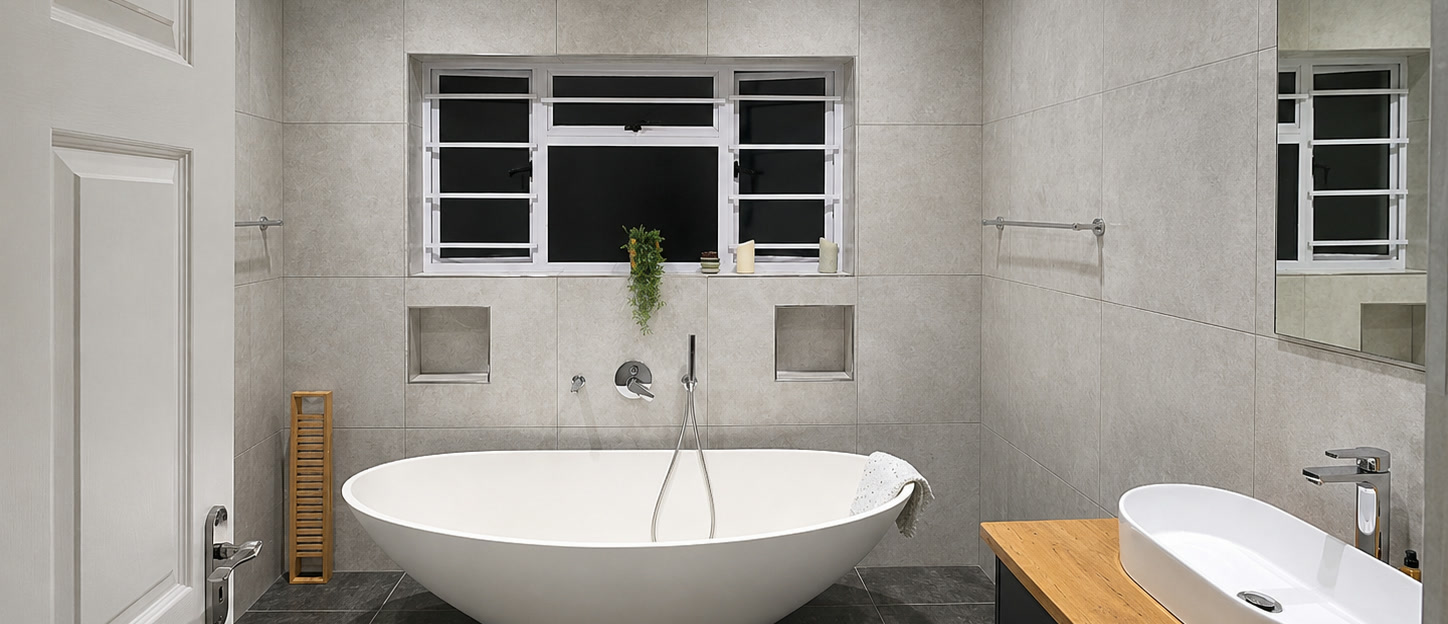 Renovated bathroom at Richmond Estate with freestanding bath, recessed niches and floor-to-ceiling tiling